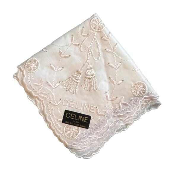 Celine Embroidered Pink Handkerchief Cotton Lace Scalloped Edge 16in - Picture 1 of 8